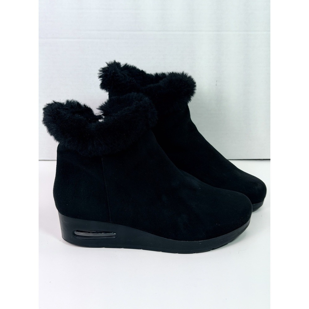 DKNY Black Faux Suede Ankle Boots Fur Trim Wedge Platform Zip Womens Size 9.5/10